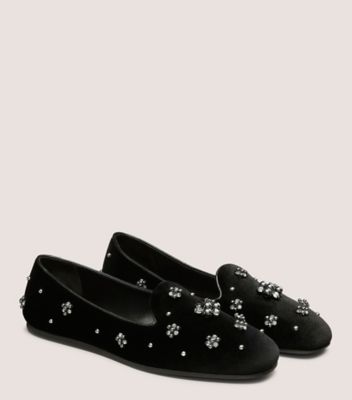 Stuart Weitzman,POPPY LOAFER,Rubber,Velvet,Silk,Smoking Flat,Embellished,Rhinestones,Studded,Cocktail,Black,Angle View