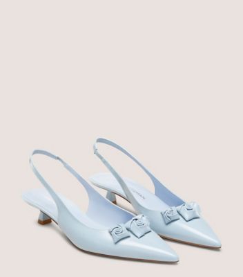 Stuart Weitzman,STUART ROSIE SLINGBACK 35,Leather,Rubber,Pumps,Applique,3D Embellishment,Elastic Gore,Day Party,Blue,Angle View