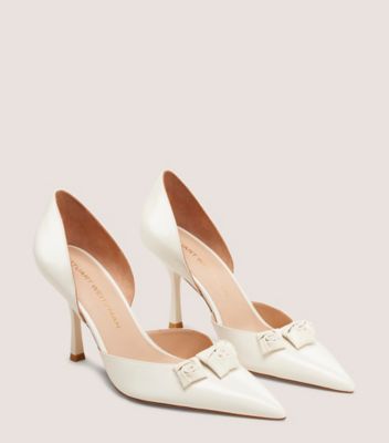 Stuart Weitzman,STUART ROSIE D'ORSAY 85,Leather,Pumps,D Orsay,Applique,Arch Support,Cocktail,White,Angle View