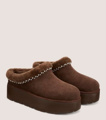 Stuart Weitzman,NELLIE PEARL FLATFORM MULE,Rubber,Shearling,Mules,Piping,Fur Embellishment,Pearl,Outdoor Slipper,,Angle View