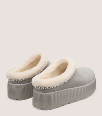 Stuart Weitzman,NELLIE PEARL FLATFORM MULE,Rubber,Shearling,Mules,Piping,Fur Embellishment,Pearl,Outdoor Slipper,,Back View