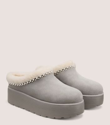Stuart Weitzman,NELLIE PEARL FLATFORM MULE,Rubber,Shearling,Mules,Piping,Fur Embellishment,Pearl,Outdoor Slipper,,Angle View