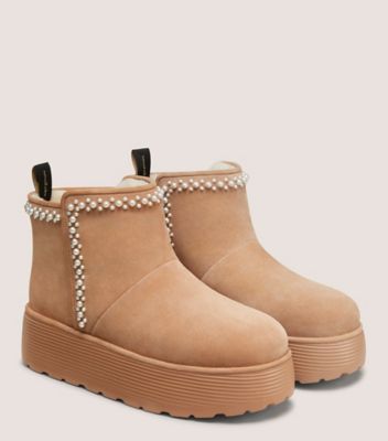 Stuart Weitzman,NELLIE PEARL FLATFORM BOOTIE,Shearling,Winter,Pearl,Pull Tab,Outdoor Slipper,Brown,Angle View