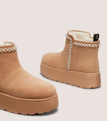 Stuart Weitzman,NELLIE PEARL FLATFORM BOOTIE,Shearling,Winter,Pearl,Pull Tab,Outdoor Slipper,Brown,Detailed View