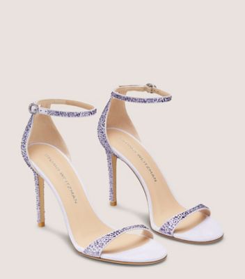 Stuart Weitzman,NUDIST SHINE 100,Suede,Sandals,Foam,Embellished,Rhinestones,Cushioned,Party,Multi Color,Angle View