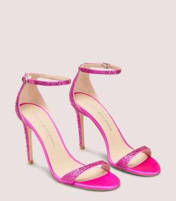 Stuart Weitzman,NUDIST SHINE 100,Satin,Sandals,Foam,Embellished,Rhinestones,Cushioned,Party,Fuchsia,Angle View