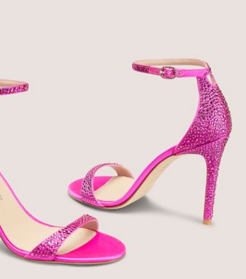 Stuart Weitzman,NUDIST SHINE 100,Satin,Sandals,Foam,Embellished,Rhinestones,Cushioned,Party,Fuchsia,Detailed View