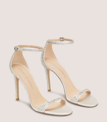 Stuart Weitzman,SANDALE BRILLANCE NUDIST 100,Sandal,Cristal pavé et satin,Crème,Angle View