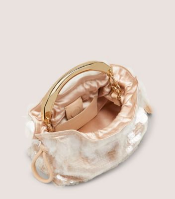 Stuart Weitzman,MINI SAC ARQUÉ MIA,Shoulder bag,Paillettes perlées et satin,Beige adobe,Top View