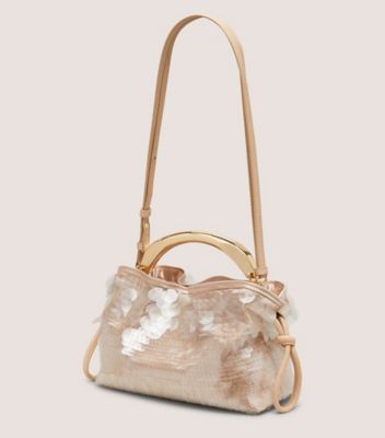 Stuart Weitzman,MINI SAC ARQUÉ MIA,Shoulder bag,Paillettes perlées et satin,Beige adobe,Side View