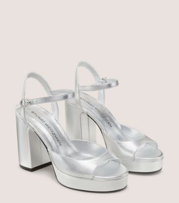 Stuart Weitzman,DAYNA II PLATFORM,Leather,Sandals,Fabric,Arch Support,Cocktail,Silver,Angle View