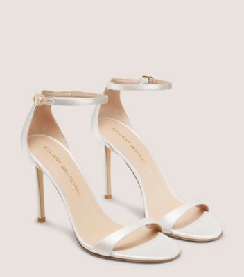 Stuart Weitzman,NUDIST II SANDAL 100,Leather,Satin,Sandals,Foam,Formal,White,Angle View