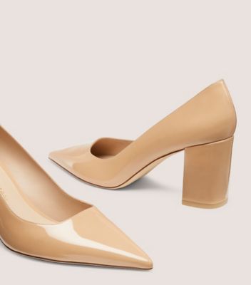 Stuart Weitzman,ESCARPIN À TALON BLOC STUART POWER 75,Pump,Cuir verni,Beige Adobe,Detailed View