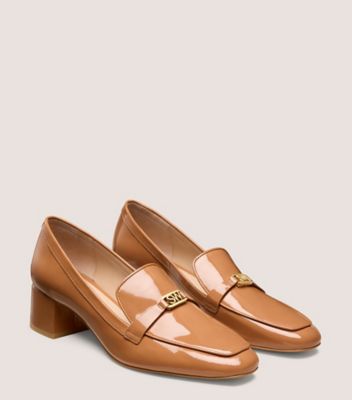Stuart Weitzman,WYLIE 45 LOGO LOAFER,Rubber,Leather,Loafer,Pumps,Metal,Penny Loafer,Day Party,Brown,Angle View