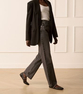 Stuart Weitzman,ARI PEARL BALLET FLAT,Nappa Leather,Rubber,Flats,Pearl,Pull Tab,Day Party,Black,Shoe on tall model