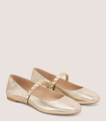 Stuart Weitzman,ARI PEARL BALLET FLAT,Rubber,Ballet Flats,Pearl,Pull Tab,Day Party,Formal,Gold,Metallic