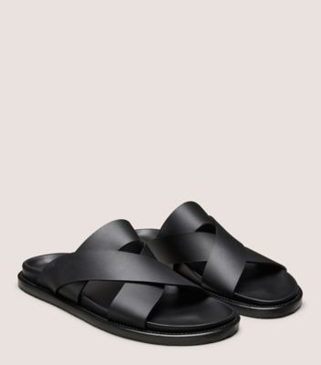 Stuart Weitzman,BERKLEY SANDAL,Calfskin Leather,Rubber,Slides,Logo,Engraving,Arch Support,Casual,Black