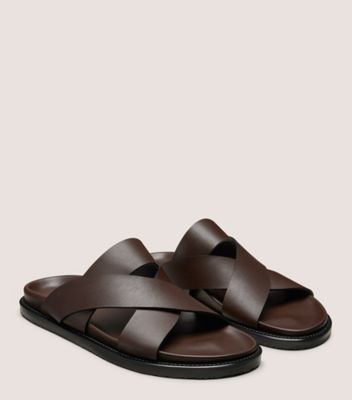 Stuart Weitzman,BERKLEY SANDAL,Calfskin Leather,Rubber,Slides,Logo,Engraving,Arch Support,Casual,Brown,Angle View