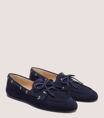 Stuart Weitzman,TINSLEY MOCCASIN,Leather,Rubber,Boat Shoes,Lace Up,Flexible,Casual,Navy,Angle View