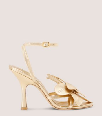 Stuart Weitzman,PARADISE 100,Leather,Sandals,Fabric,3D Embellishment,Cocktail,Gold,Metallic,Front View