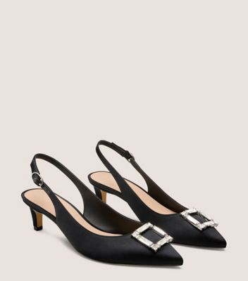 Stuart Weitzman,JUNE SLINGBACK 50,Rubber,Satin,Leather,Pumps,Brooch Embellishment,Embellished,Gem Embellishment,Elastic Go...,Black,Angle View