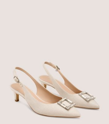 Stuart Weitzman,JUNE SLINGBACK 50,Rubber,Leather,Linen,Pumps,Brooch Embellishment,Embellished,Gem Embellishment,Elastic Go...,Cream