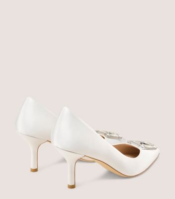 Stuart Weitzman,JUNE PUMP 75,Rubber,Satin,Leather,Pumps,Brooch Embellishment,Embellished,Gem Embellishment,Formal,White