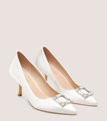 Stuart Weitzman,JUNE PUMP 75,Rubber,Satin,Leather,Pumps,Brooch Embellishment,Embellished,Gem Embellishment,Formal,White