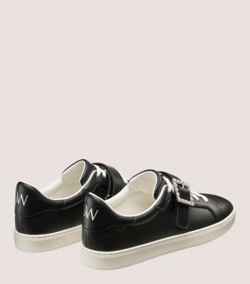 Stuart Weitzman,LIVVY PEARL BUCKLE SNEAKER,Rubber,Leather,Casual,Pearl,Pull Tab,Casual,Black,Back View