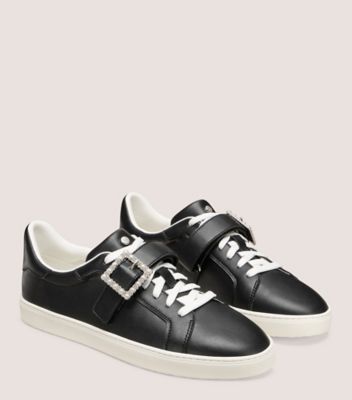 Stuart Weitzman,LIVVY PEARL BUCKLE SNEAKER,Rubber,Leather,Casual,Pearl,Pull Tab,Casual,Black,Angle View