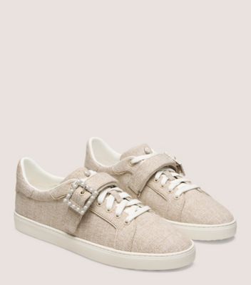 Stuart Weitzman,LIVVY PEARL BUCKLE SNEAKER,Beige