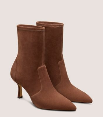 Stuart Weitzman,VALENTINA BOOTIE 75,Suede,Mixed Media,Leather,Rubber,Lining Leather,Bootie,Fabric,Flexible,Ankle Support,S...,Brown,Angle View