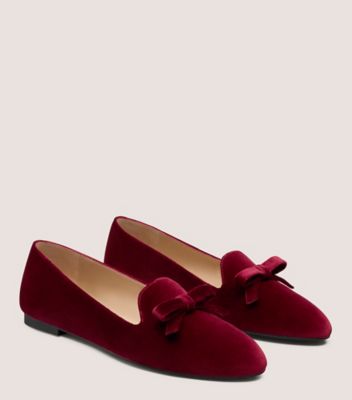 Stuart Weitzman,REESE LOAFER,Velvet,Lining Leather,Leather,Smoking Flat,Bow,Cocktail,Maroon,Angle View