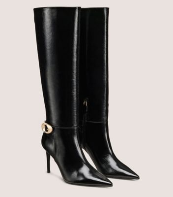 Stuart Weitzman,BOTTE À BOUCLE GÉANTE STUART,Boot,Cuir verni froissé,Noir,Angle View