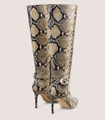 Stuart Weitzman,BOTTE À BOUCLE GÉANTE STUART,Boot,Cuir à imprimé serpent,Noir et blanc,Back View