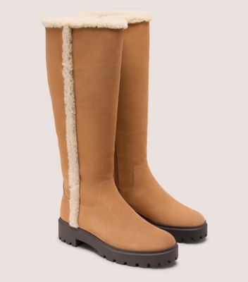 Stuart Weitzman,MYLA ZIP SHEARLING BOOT,Brown,Angle View