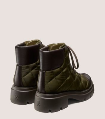 Stuart Weitzman,Bootie,Nylon matelassé et cuir nappa,Vert Olive Et ébène,Back View