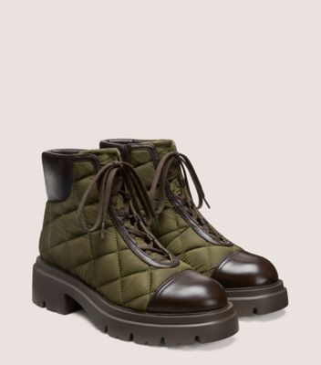 Stuart Weitzman,Bootie,Nylon matelassé et cuir nappa,Vert Olive Et ébène,Angle View